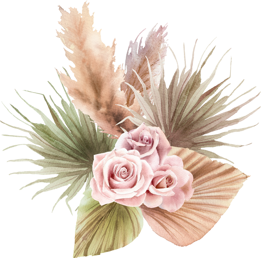 Watercolor boho floral bouquet  of pampas grass branches, palm leaves, dry flower, roses